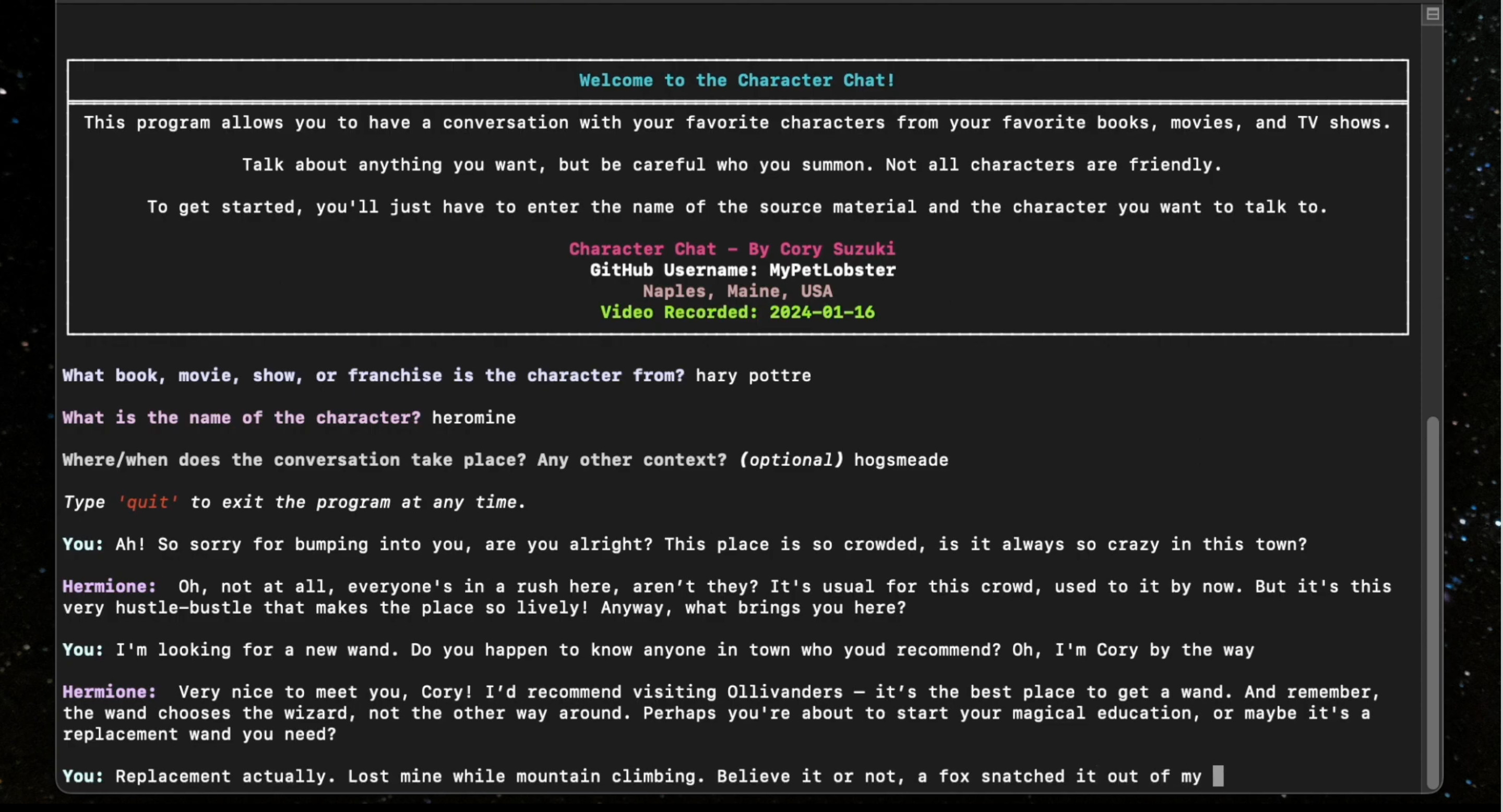 Character Chat CLI Screenshot